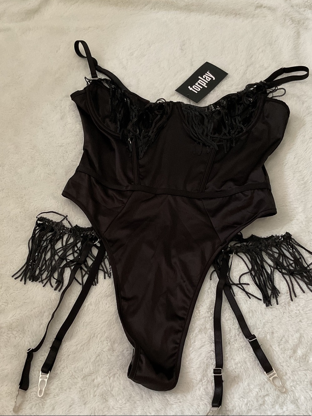 Forplay Black Fringe Tassel Garter Bodysuit size Medium